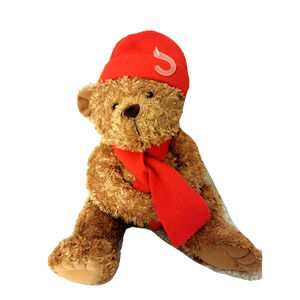 Hand Puppet Teddy Bear Realisitic 12" Plush Toy Knit Hat Christmas Red Scarf New